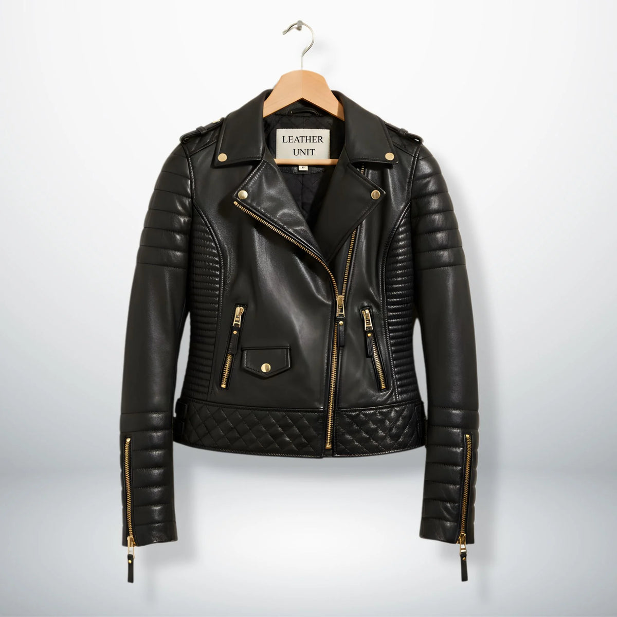 front view womens black leather motorcycle jacket with gold zips by Leather Unit.