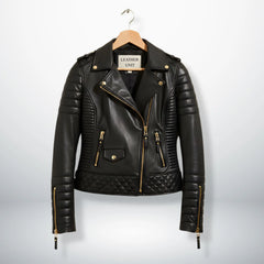 front view womens black leather motorcycle jacket with gold zips by Leather Unit.