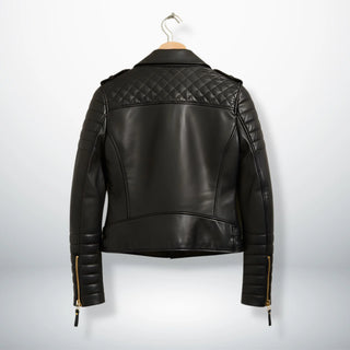 back view womens black quilted leather biker jacket on hanger.