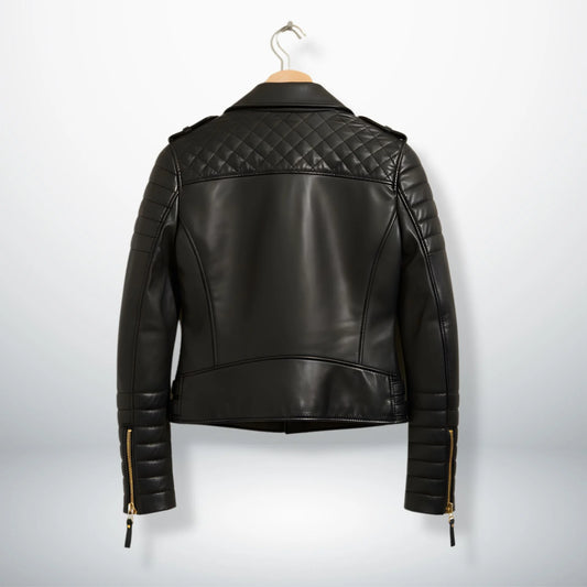 back view womens black quilted leather biker jacket on hanger.