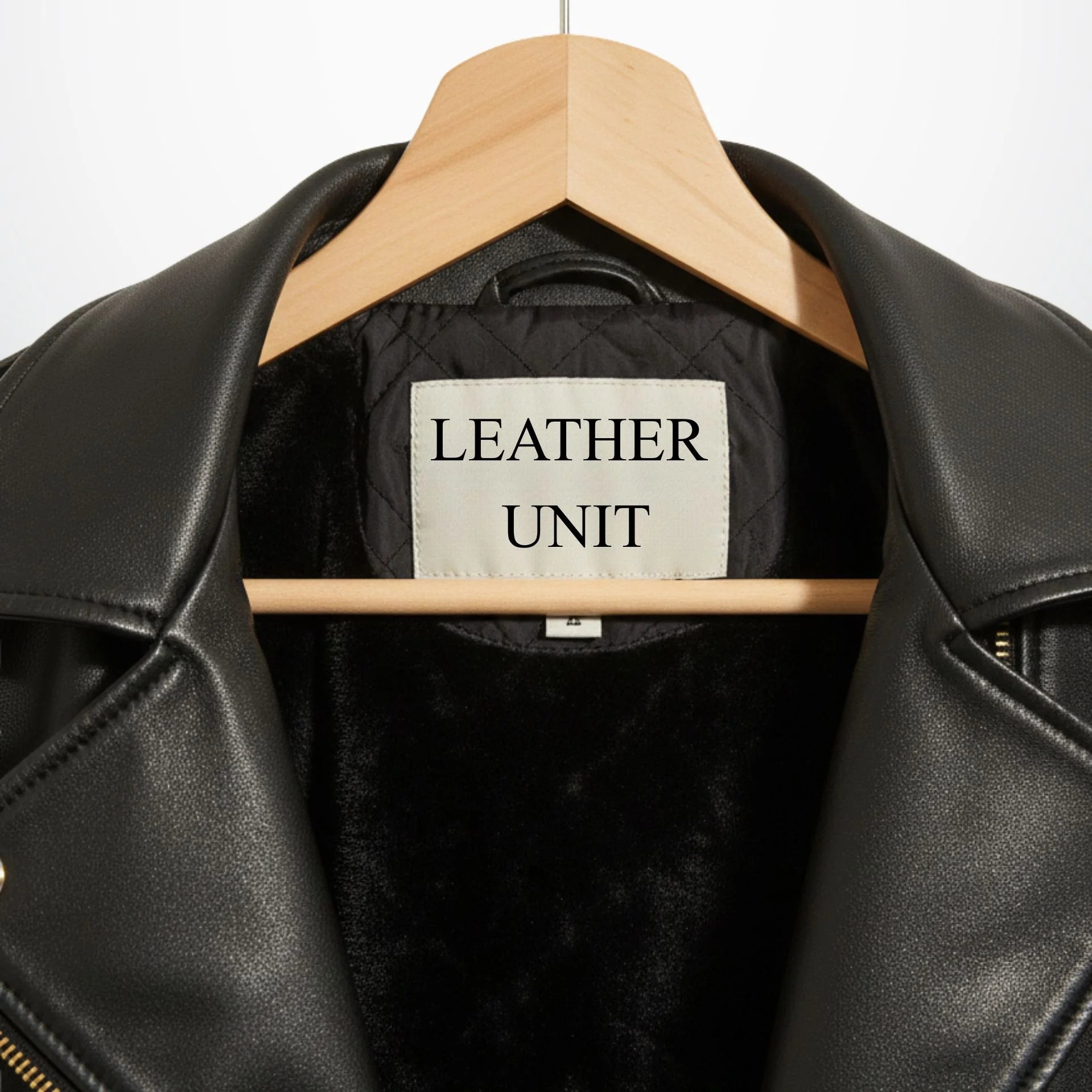 close up collar and label on womens black leather biker jacket leather unit.