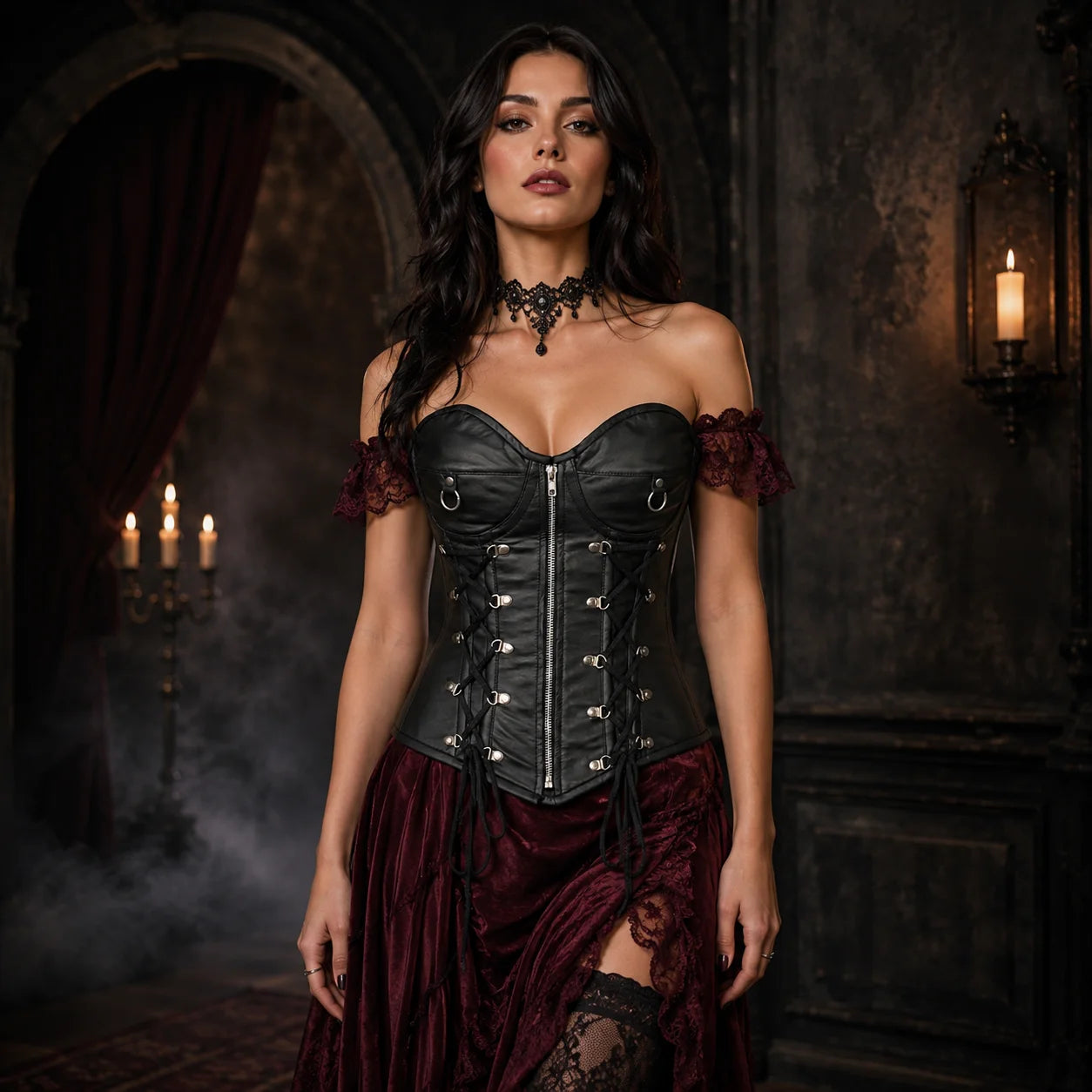 Front model view wearing black leather overbust corset with centre zip, ring accents, steel-boned panels and side lacing