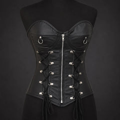 Front product view of women’s black leather corset with sweetheart bust, centre zipper, ring accents and side lace detail