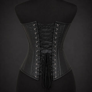 Back product view showing black leather corset panels, long adjustable lace-up fastening, eyelets and modesty panel