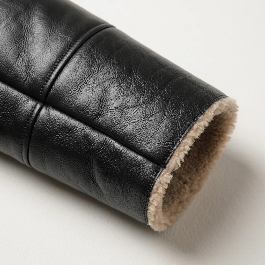 Close-up of black leather sleeve with beige shearling cuff on women’s jacket