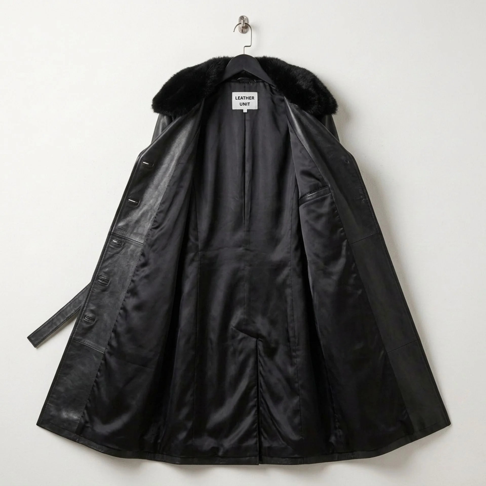 Inside view of black leather trench coat showing full satin lining