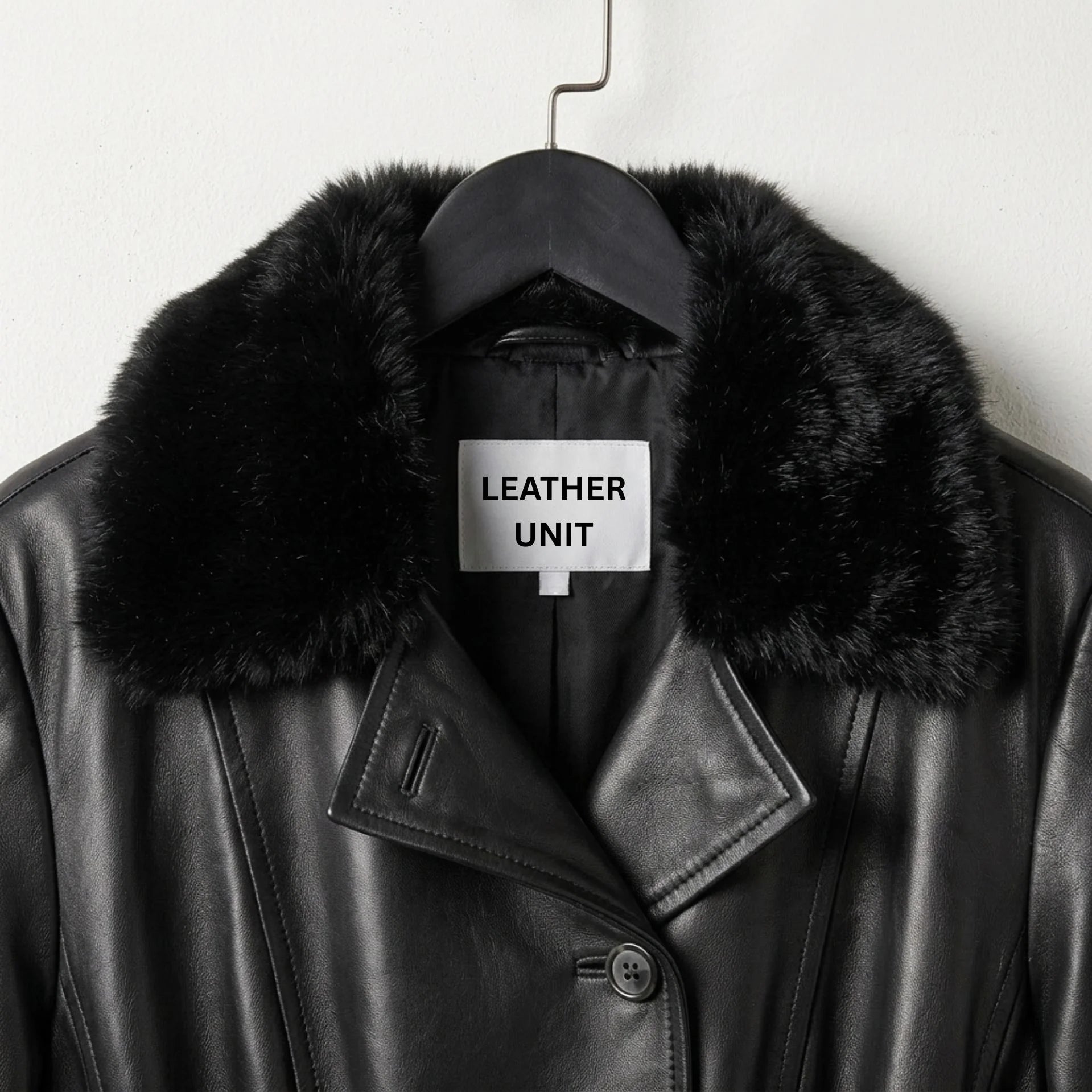 Close up of faux fur collar and lapels on women’s black leather trench coat