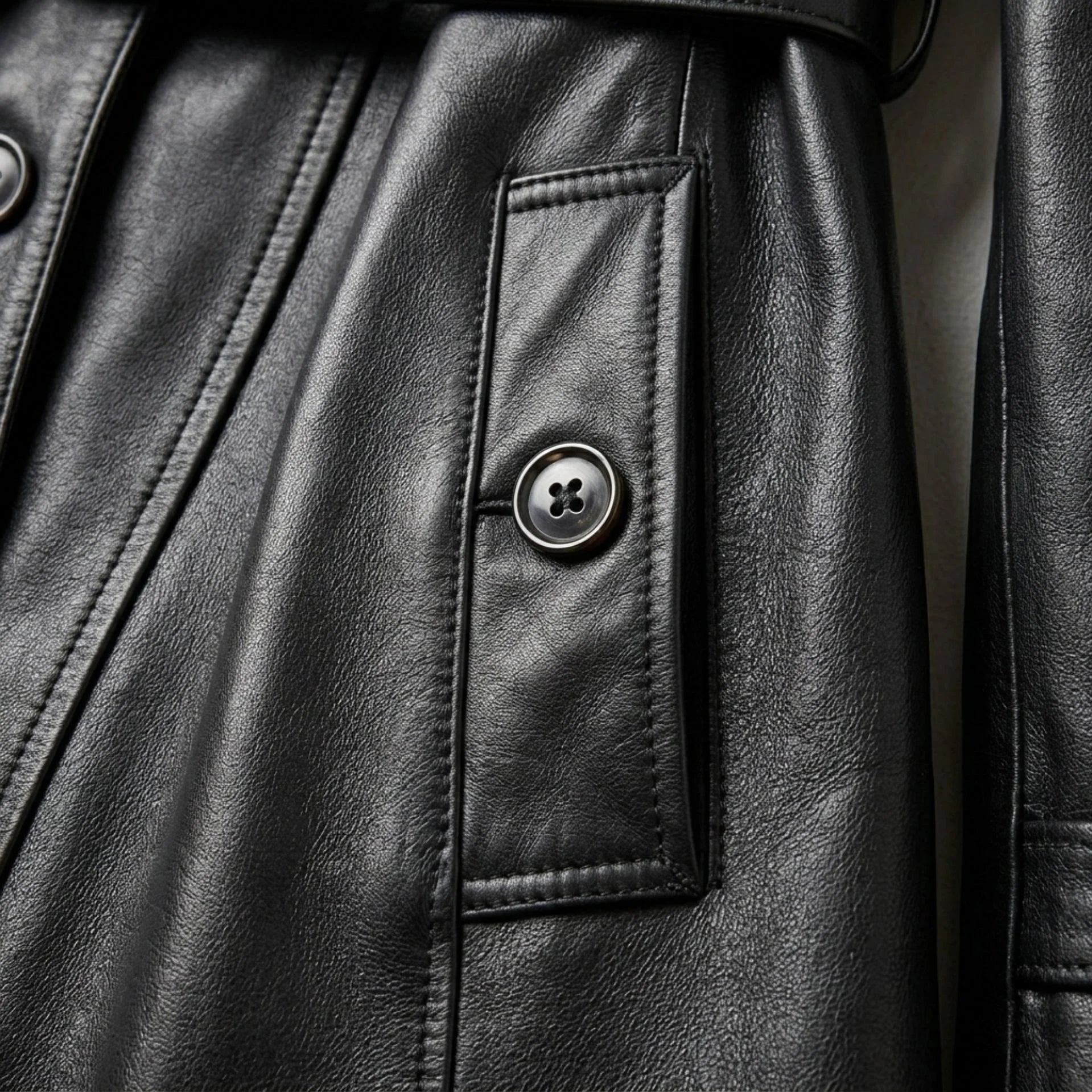 Close up of side pocket and button detail on women’s black leather trench coat