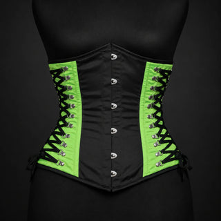 Front product view of steel boned black neon green corset with metal busk and symmetrical side lace detailing