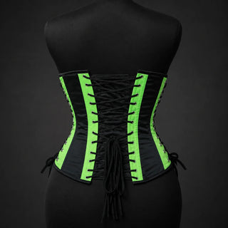 Back product view showing adjustable criss-cross black lacing, metal eyelets and neon green vertical panels