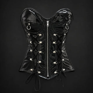 Front product view of black PVC overbust corset with silver-tone centre zip, ring accents and symmetrical lace detailing