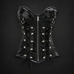 Front product view of black PVC overbust corset with silver-tone centre zip, ring accents and symmetrical lace detailing