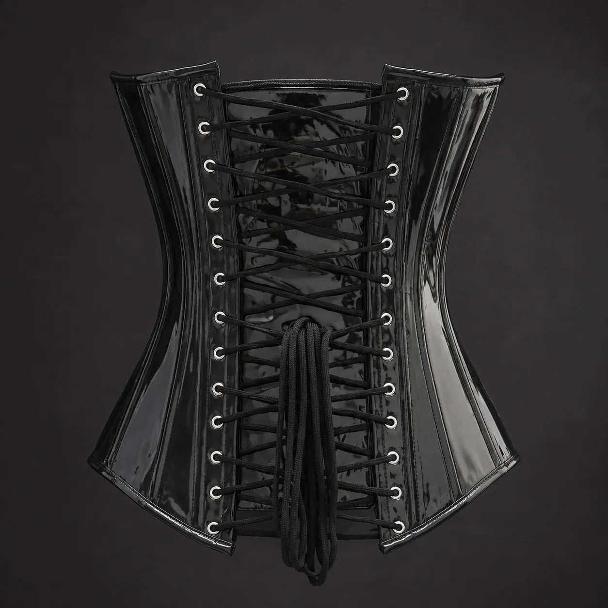 Back product view showing glossy black corset panels, adjustable lace-up fastening and rows of metal eyelets