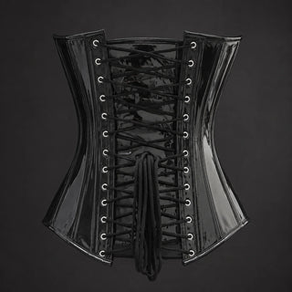 Back product view showing glossy black corset panels, adjustable lace-up fastening and rows of metal eyelets