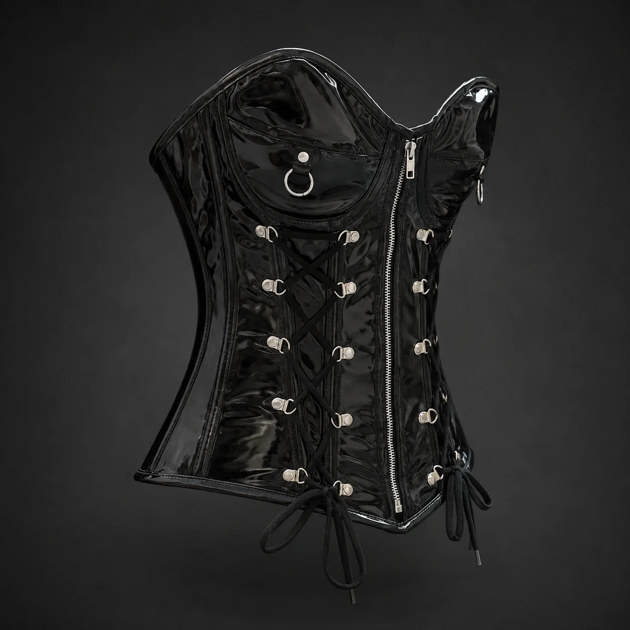 Angled product view of glossy black steel boned overbust corset showing front zipper, side lacing and curved bust shape