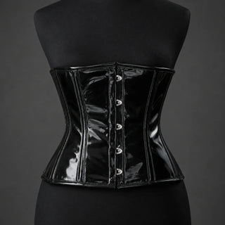 Front mannequin view of glossy black PVC corset with visible vertical boning channels and centre busk-style fastening.