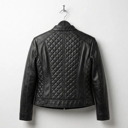 Back view of women’s black quilted leather moto jacket