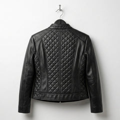 Back view of women’s black quilted leather moto jacket