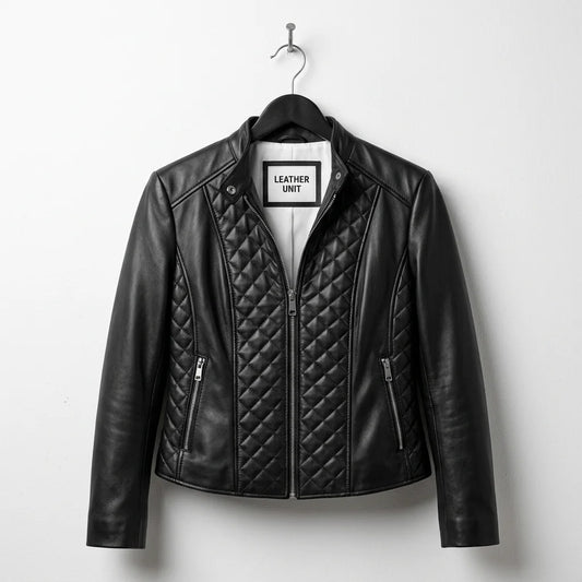 Front view of women’s black diamond quilted leather jacket by Leather Unit