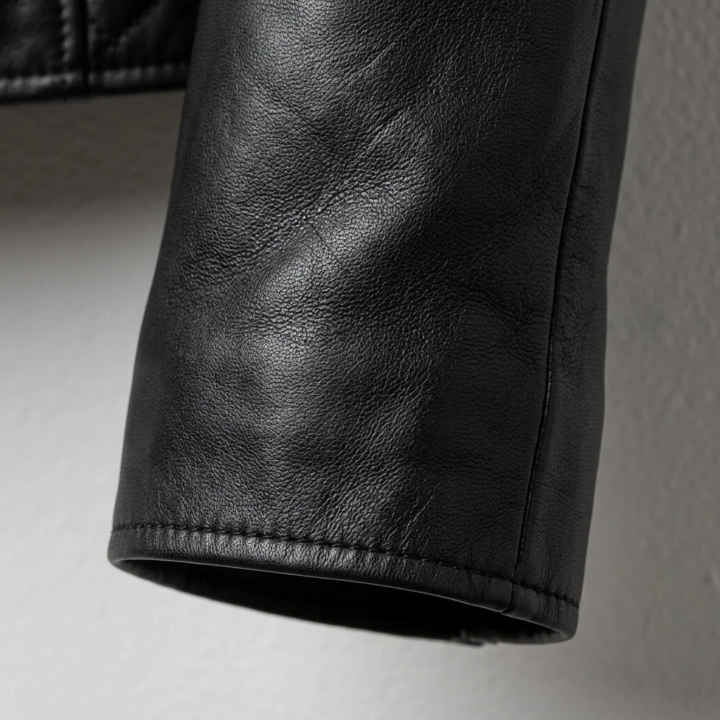 Sleeve and cuff close-up on women’s black leather jacket