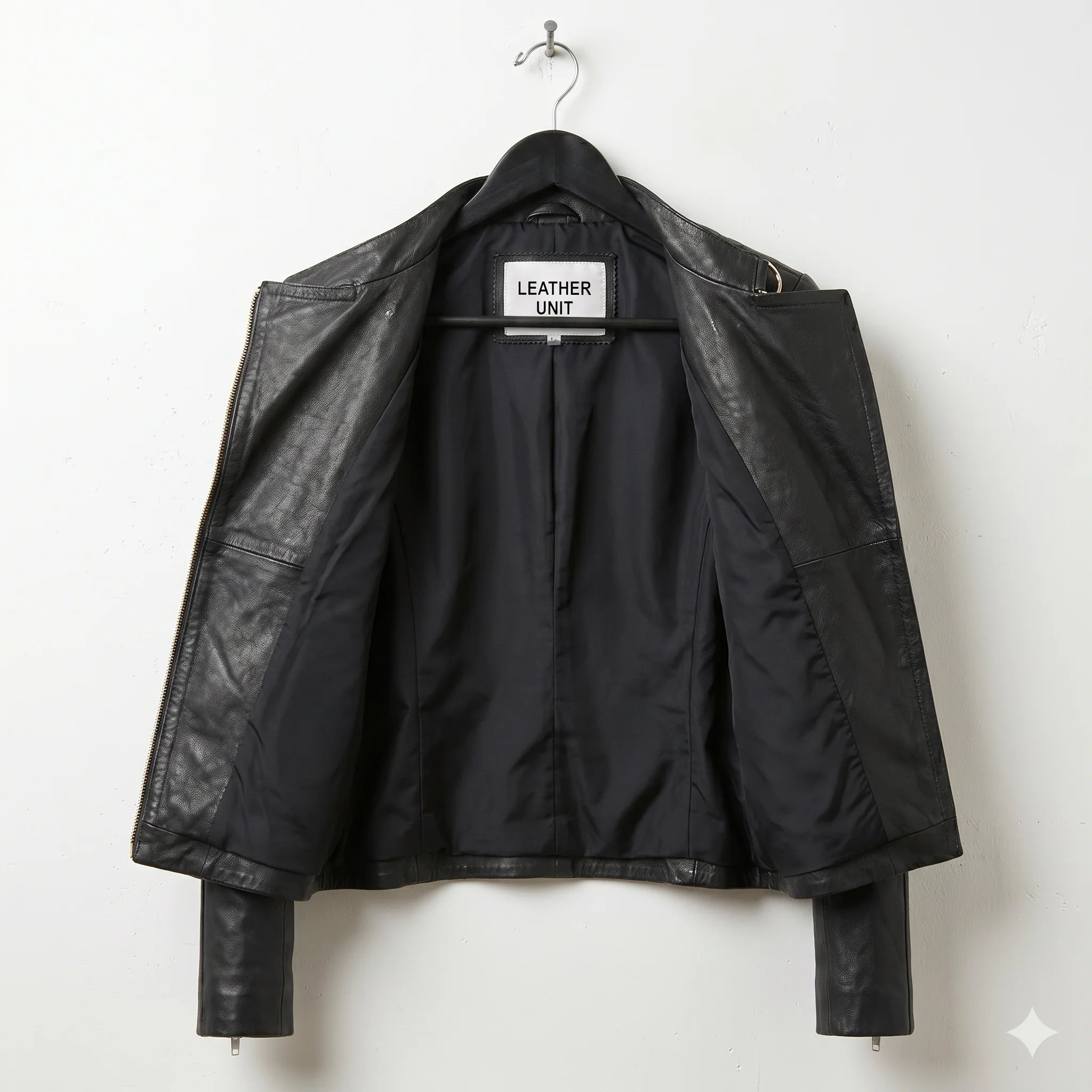 Inside view showing soft lining of women’s black leather moto jacket