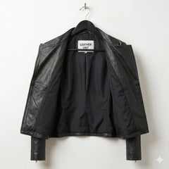 Inside view showing soft lining of women’s black leather moto jacket