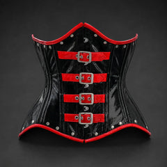 Front studio view of glossy black PVC underbust corset with four red buckle straps and silver-tone rivets