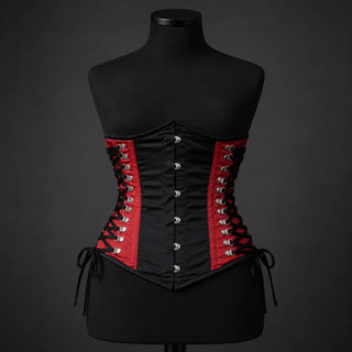 Front product view of black red steel boned underbust corset with metal busk and symmetrical side lace detailing