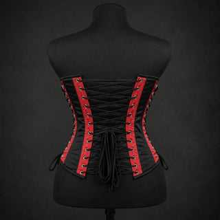 Back product view showing wide adjustable criss-cross lacing, metal eyelets and contrasting red satin trim