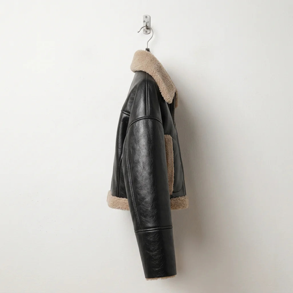 Side profile of women’s black shearling cropped leather aviator jacket