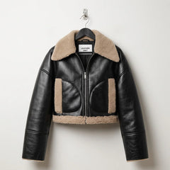 Front view of women’s black shearling cropped leather aviator jacket by Leather Unit