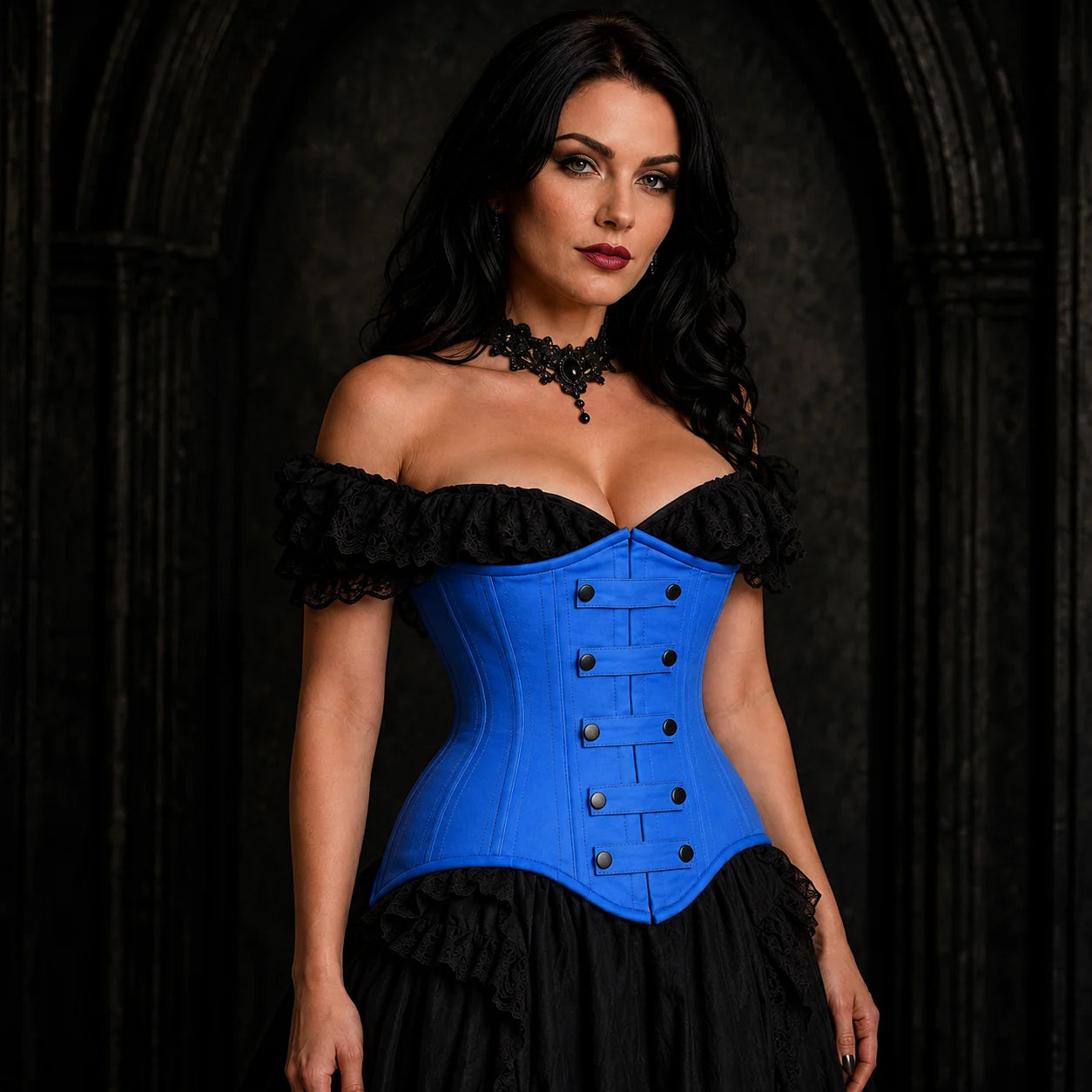 Three-quarter model view of women’s blue steel boned underbust corset with black snap-tab front detail