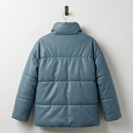 Women’s Blue Quilted Winter Coat Leather Puffer Jacket – Leather Unit