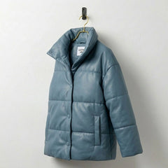 Women’s Blue Quilted Winter Coat Leather Puffer Jacket – Leather Unit
