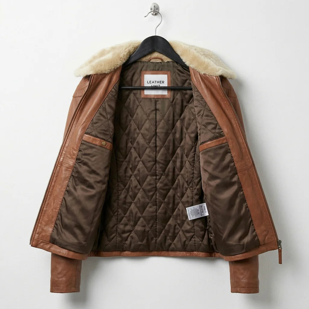 Quilted brown lining and inner pockets of womens bomber leather jacket