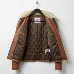 Quilted brown lining and inner pockets of womens bomber leather jacket