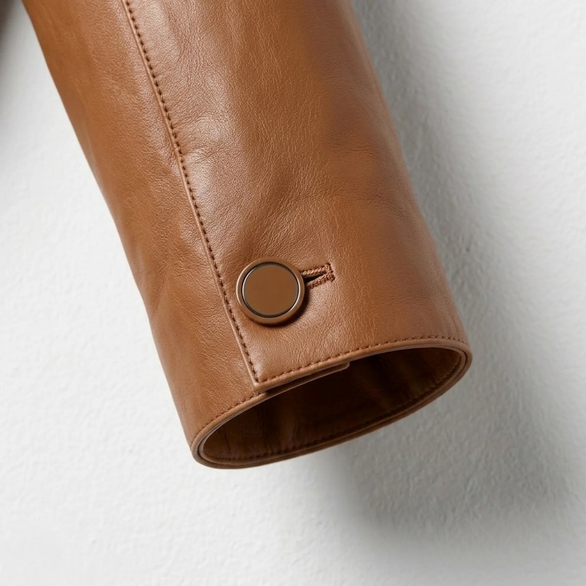 Sleeve and cuff button detail on women’s brown leather jacket