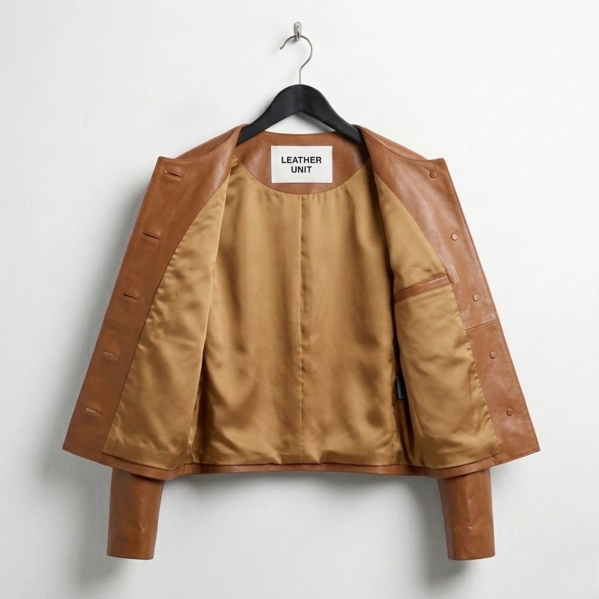 Inside lining of women’s brown collarless leather jacket with inner pocket