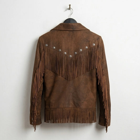 Back view of women’s western brown fringe leather jacket with yoke tassels