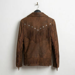 Back view of women’s western brown fringe leather jacket with yoke tassels