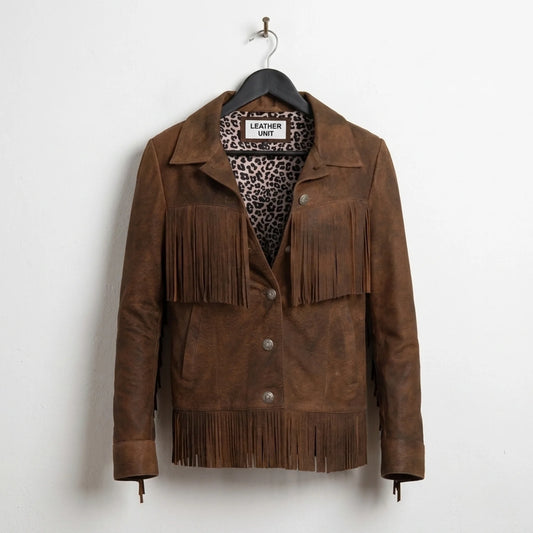 Front view of women’s brown fringe leather jacket with leopard lining by Leather Unit