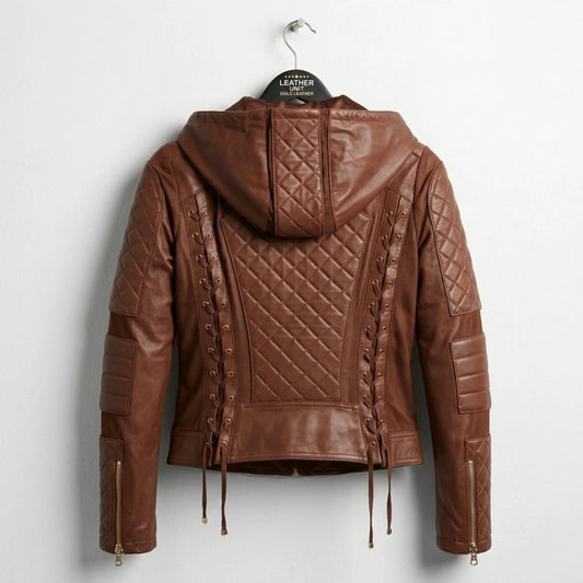Back view of women’s brown hooded moto leather jacket with quilted panel and lace-up sides.