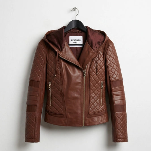 Front view of women’s brown hooded moto leather jacket featuring quilted shoulders and gold zipper pockets.