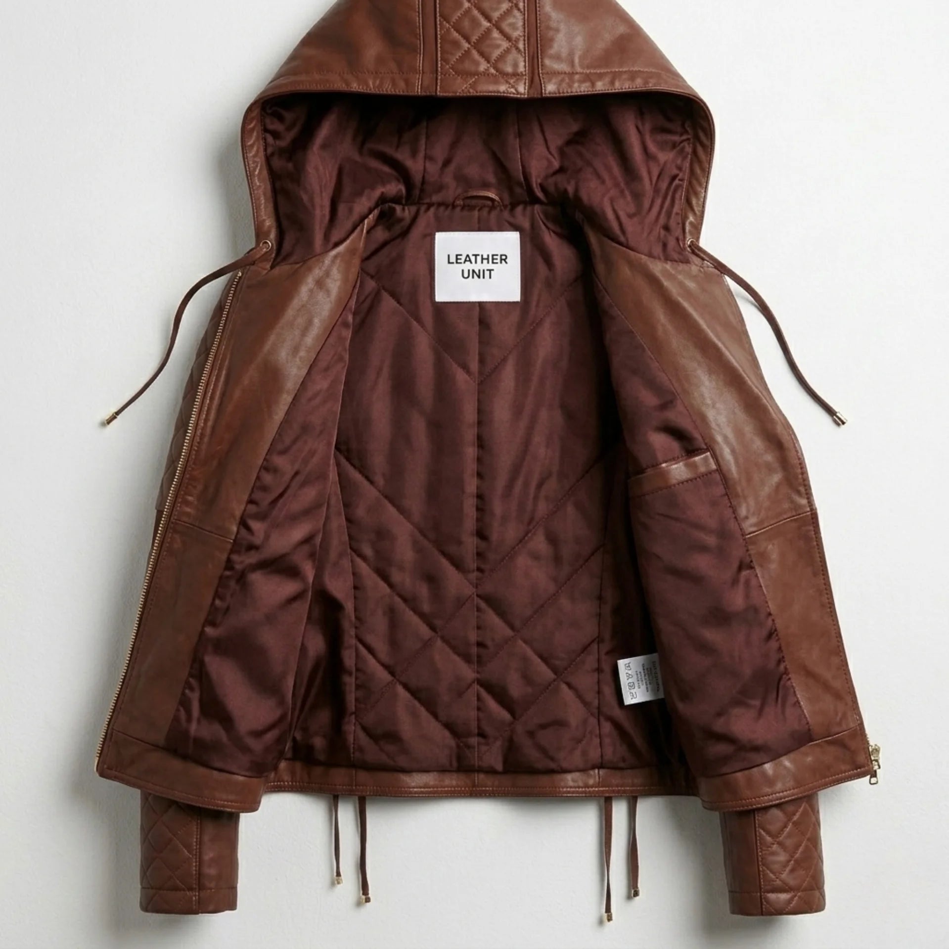 Inside view of women’s brown hooded moto leather jacket showing quilted lining and interior pocket detail.