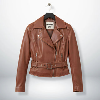 front view of women's brown leather biker jacket with belt by Leather Unit.