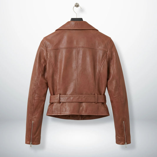 back view of women's tan brown leather biker jacket with belt.