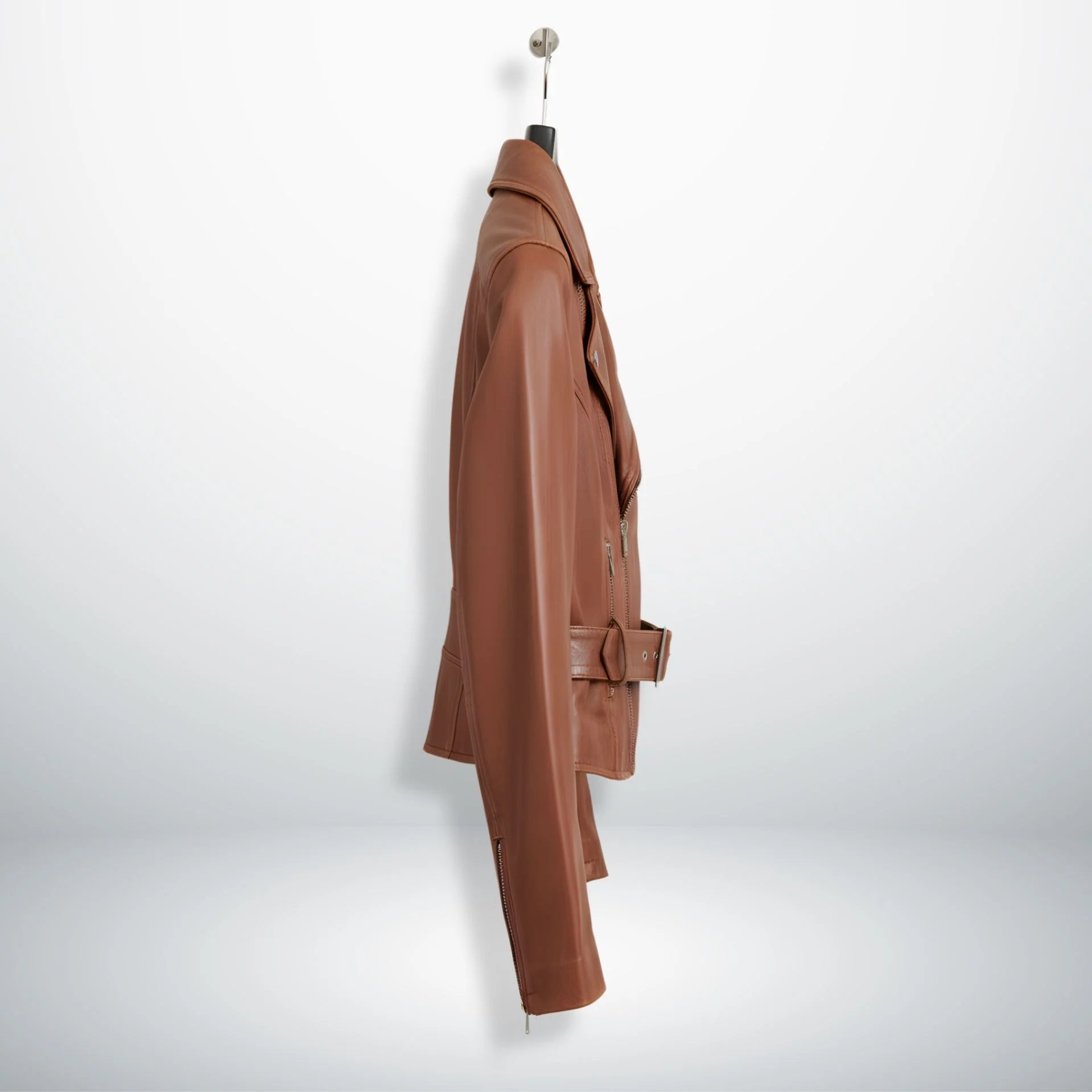 side profile of women's brown belted leather biker jacket.