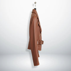 side profile of women's brown belted leather biker jacket.