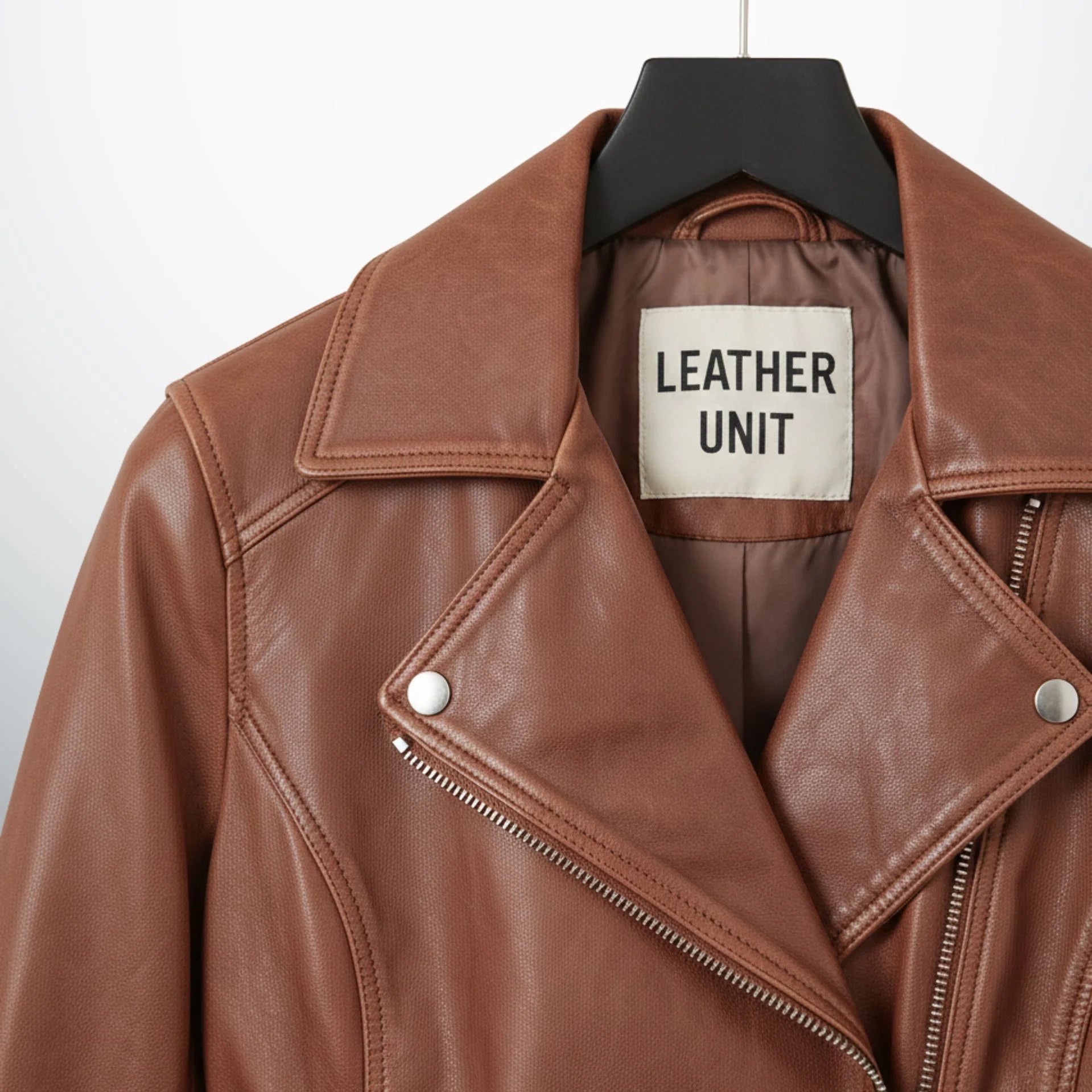close up of collar and lapels on women's brown leather biker jacket.