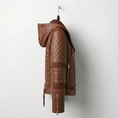 Side profile of women’s brown hooded moto leather jacket with quilted sleeves and fitted premium silhouette.